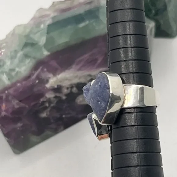 Sterling Silver Raw Amethyst Ring Chunky Triple Stone Size O Stamped 925 - Picture 12 of 12